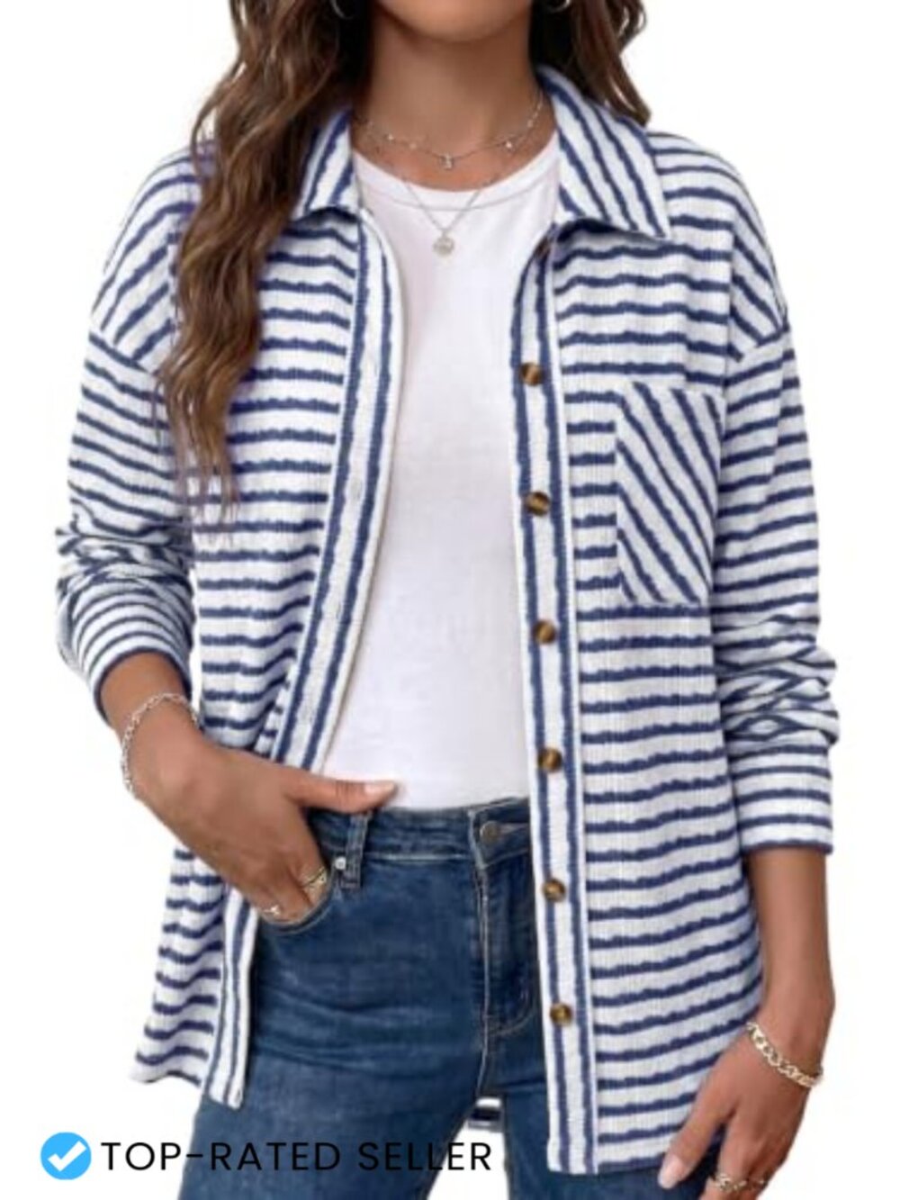 Women's Striped Long Sleeve Shacket Button Down Casual Jacket